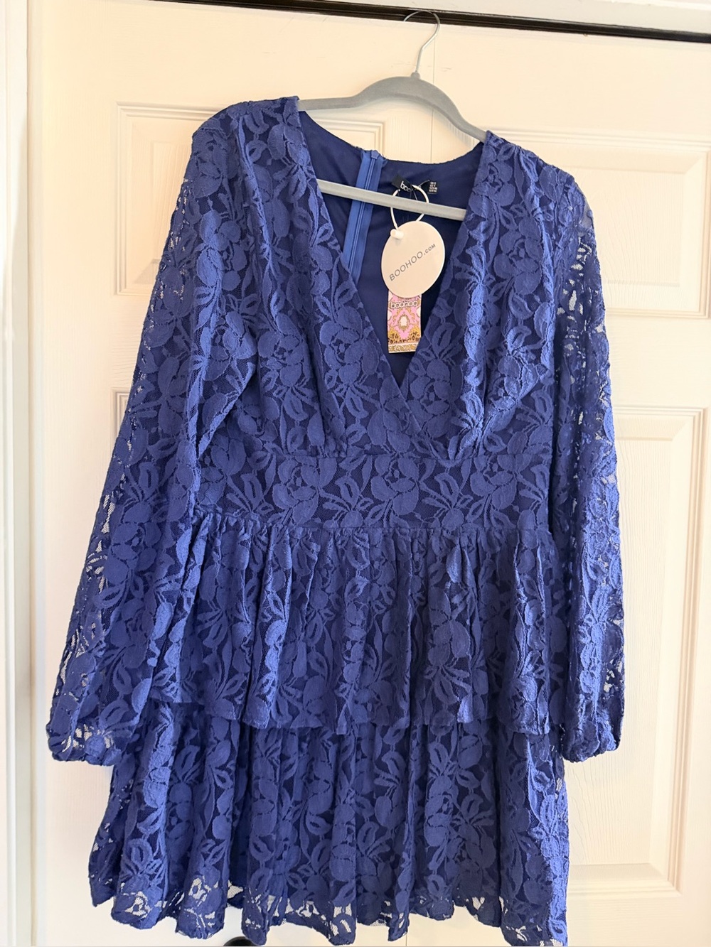 Boohoo Cobalt Lace V-Neck Tiered Mini Dress